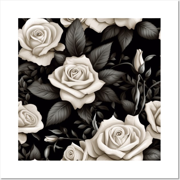 White Rose with black leaves pattern, classic vintage design Wall Art by HSH-Designing